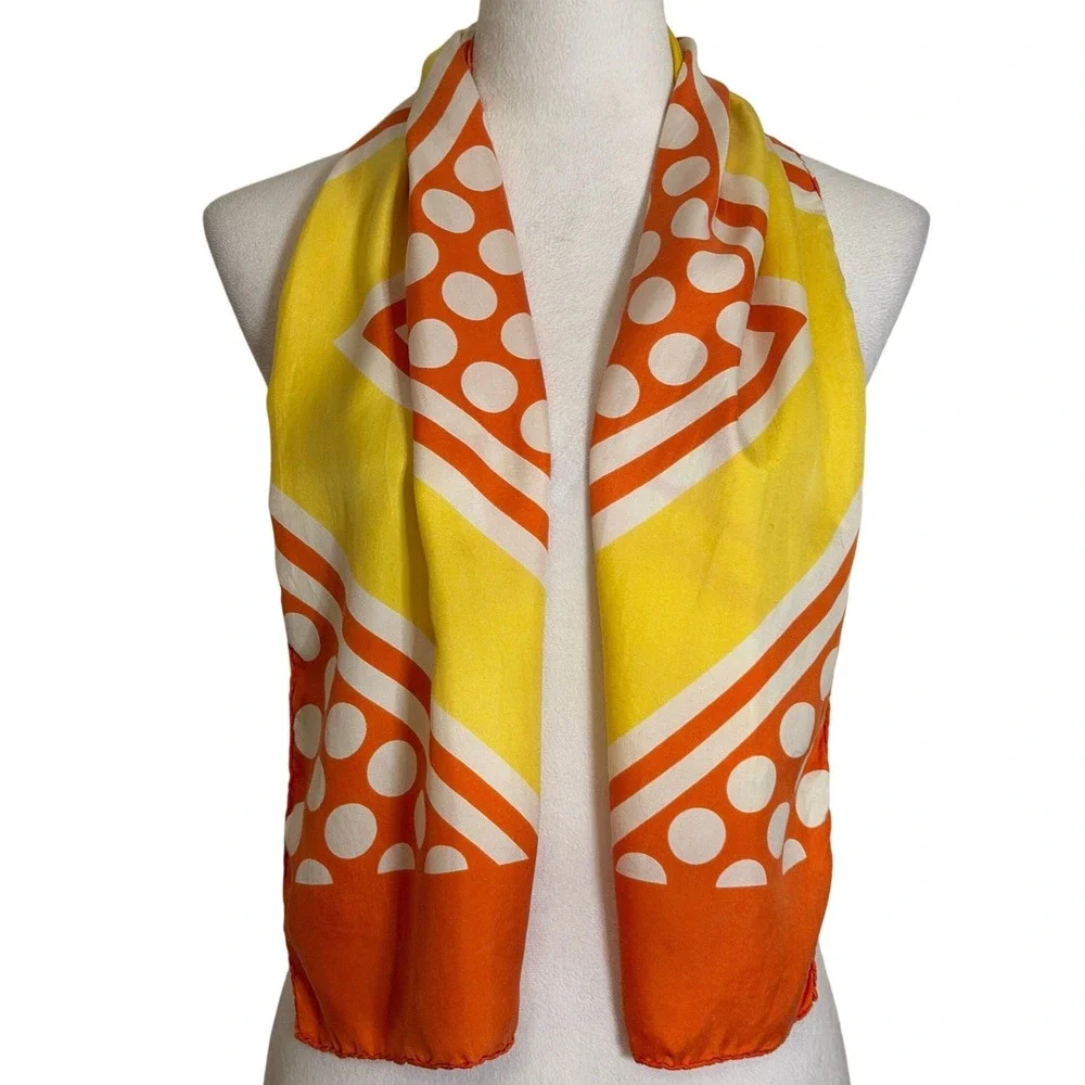 Echo Vintage Silk Scarf 1970s Mod Yellow Orange Polka Dot